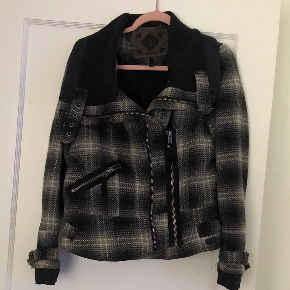 Buffalo David Bitton Black and Gray Plaid Moto Jacket